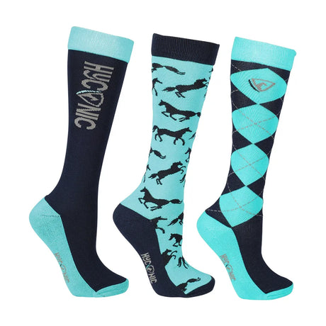 HYCONIC Children's Pattern Socks by Hy Equestrian Pack of 3 #colour_navy-teal