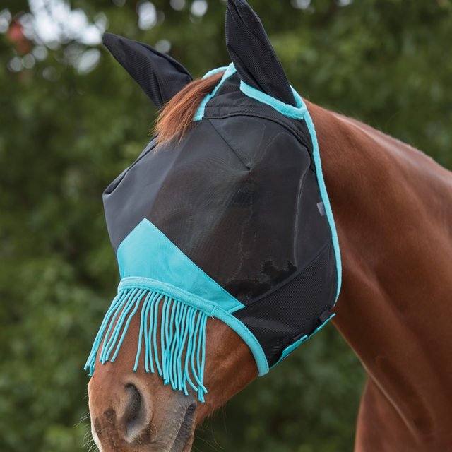 Weatherbeeta ComfiTec Deluxe Fine Mesh Mask With Ears & Tassels #colour_black-turquoise